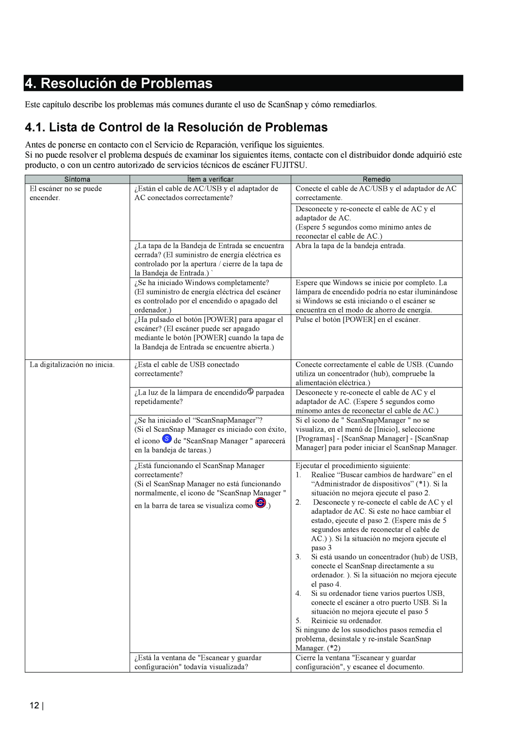 Fujitsu fi-5110EOX2 manual Lista de Control de la Resolución de Problemas 