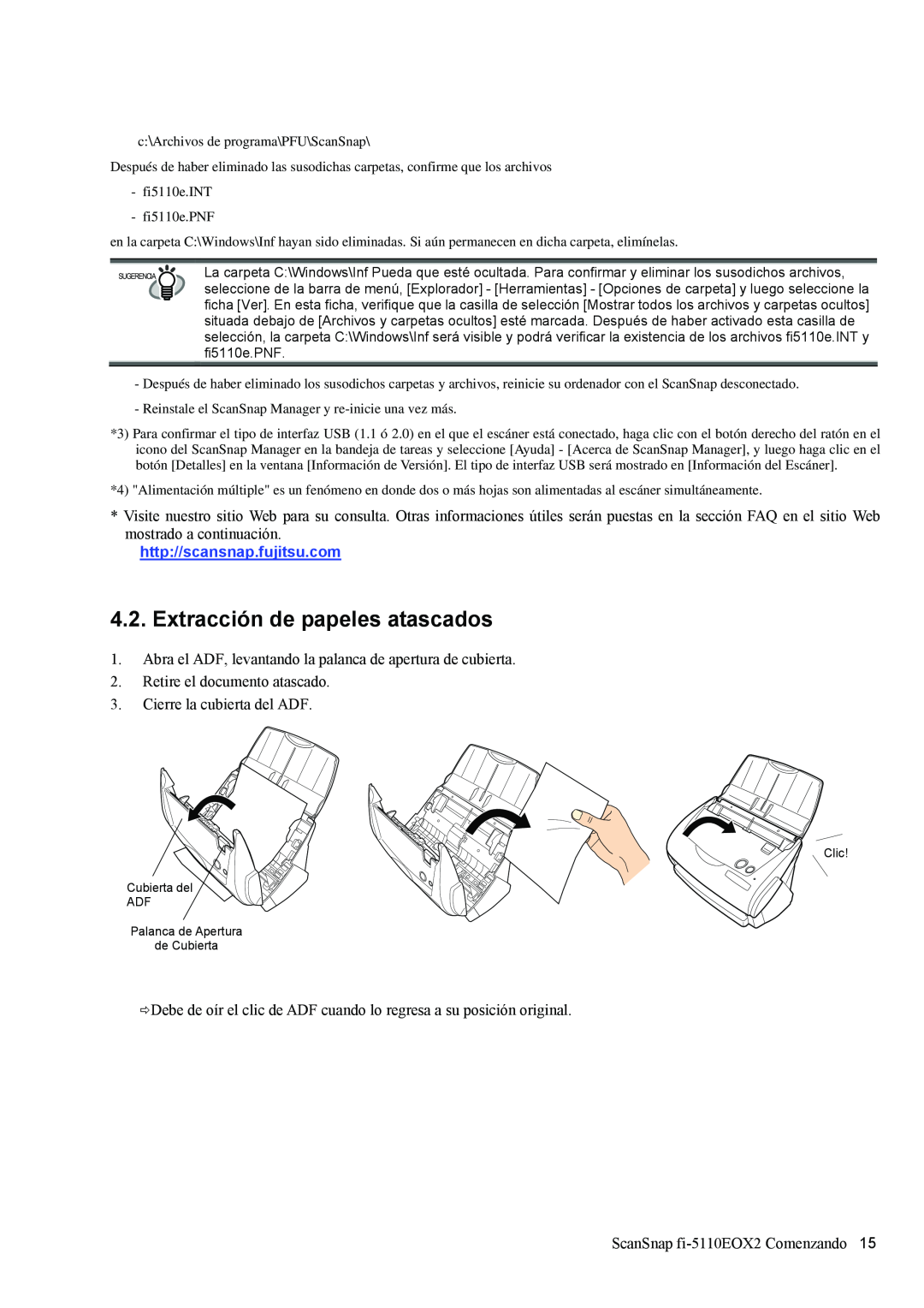 Fujitsu fi-5110EOX2 manual Extracción de papeles atascados, http//scansnap.fujitsu.com 