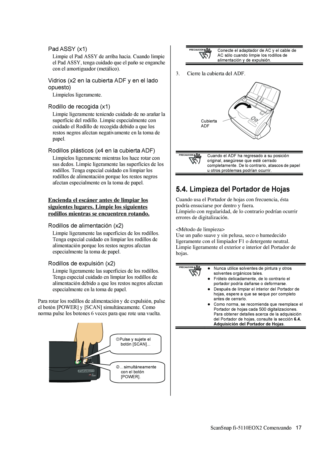 Fujitsu fi-5110EOX2 manual Limpieza del Portador de Hojas, Pad ASSY, Vidrios x2 en la cubierta ADF y en el lado opuesto 