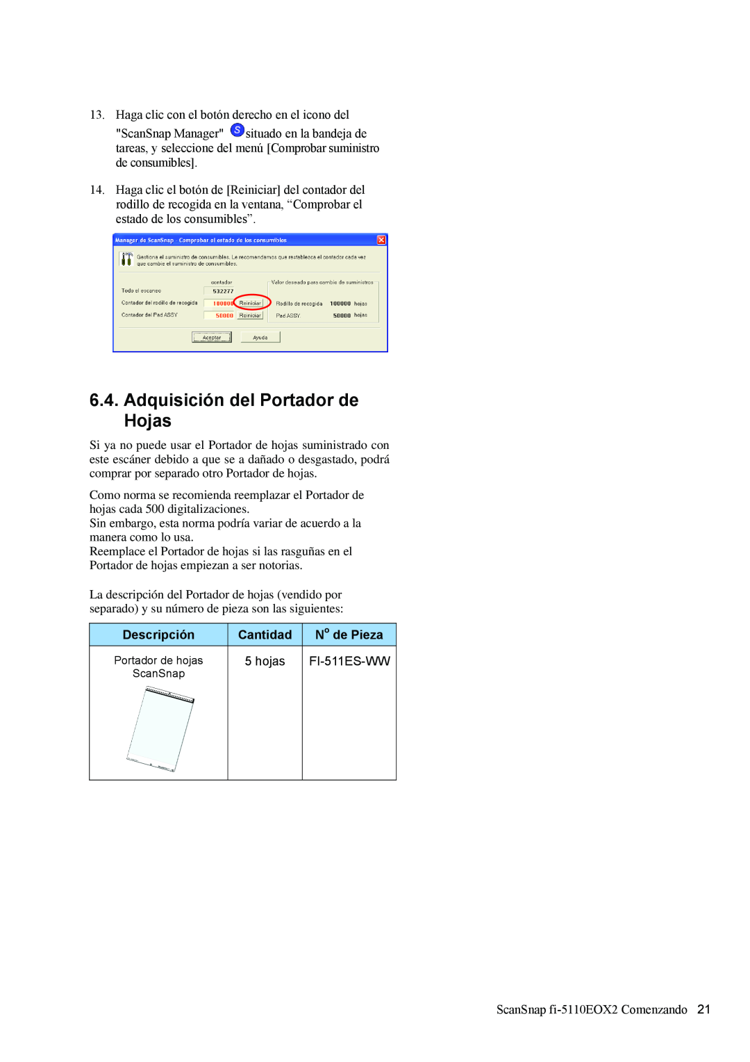 Fujitsu fi-5110EOX2 manual Adquisición del Portador de Hojas, Descripción, Cantidad, No de Pieza, hojas, FI-511ES-WW 