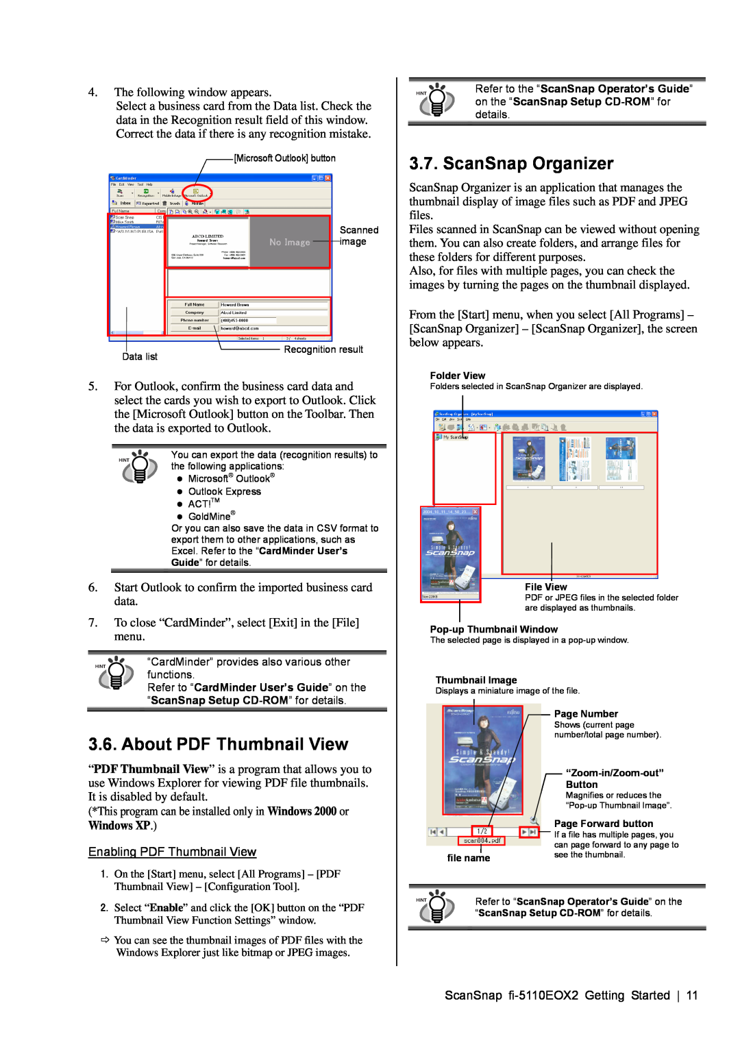 Fujitsu fi-5110EOX2 manual ScanSnap Organizer, About PDF Thumbnail View, Windows XP 