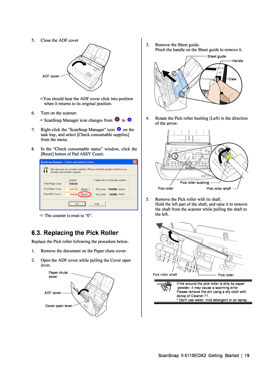 Fujitsu fi-5110EOX2 manual Replacing the Pick Roller, Pick roller shaft 