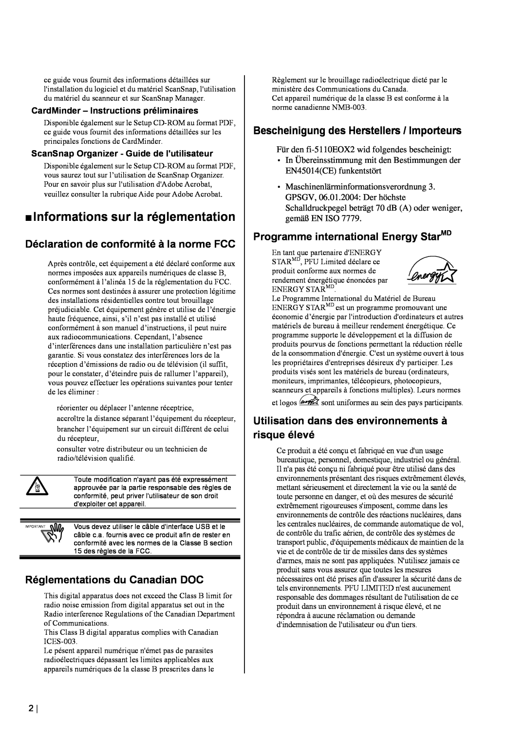 Fujitsu fi-5110EOX2 manual „ Informations sur la réglementation, Déclaration de conformité à la norme FCC 