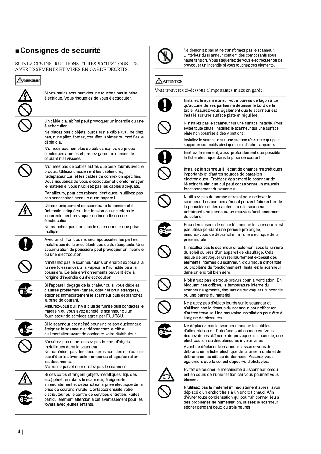 Fujitsu fi-5110EOX2 manual „ Consignes de sécurité, Vous trouverez ci-dessous dimportantes mises en garde 