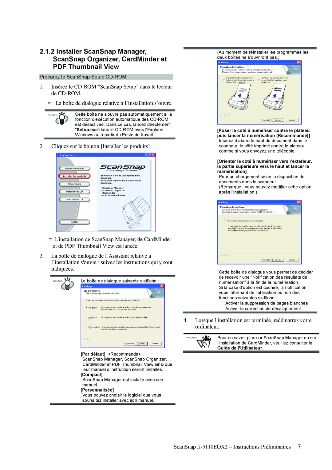 Fujitsu fi-5110EOX2 manual Préparez le ScanSnap Setup CD-ROM, Par défaut Recommandé, Compact, Personnalisée 
