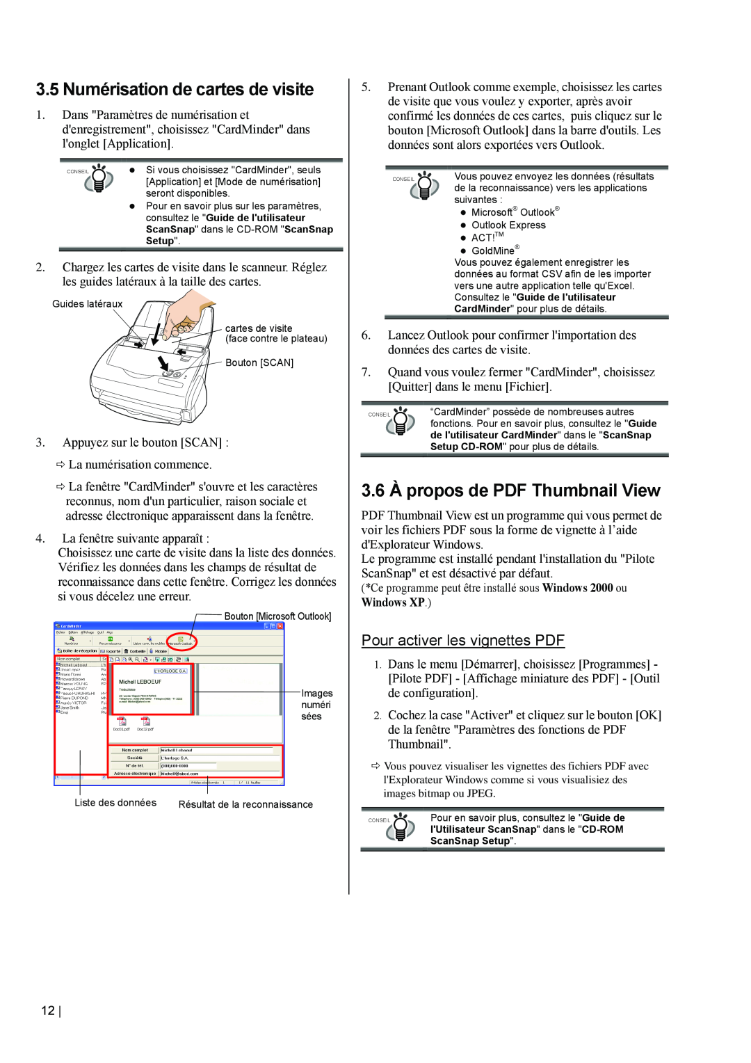 Fujitsu fi-5110EOX2 manual 3.5 Numérisation de cartes de visite, 3.6 À propos de PDF Thumbnail View 