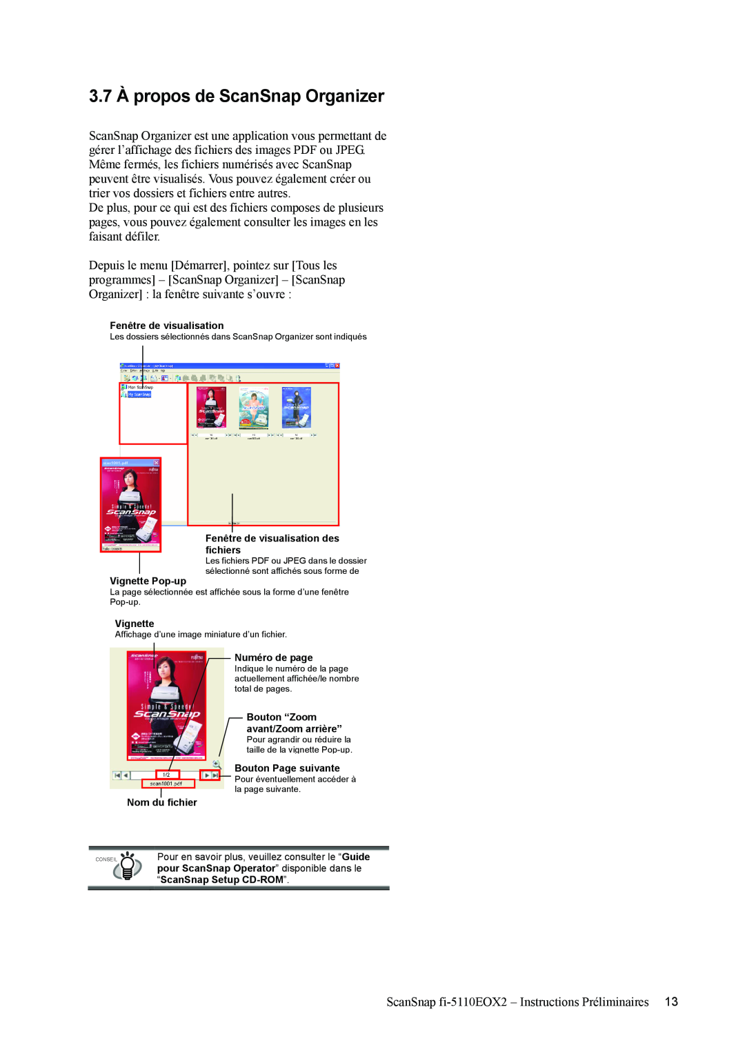Fujitsu fi-5110EOX2 manual 3.7 À propos de ScanSnap Organizer, Fenêtre de visualisation des fichiers, Vignette Pop-up 