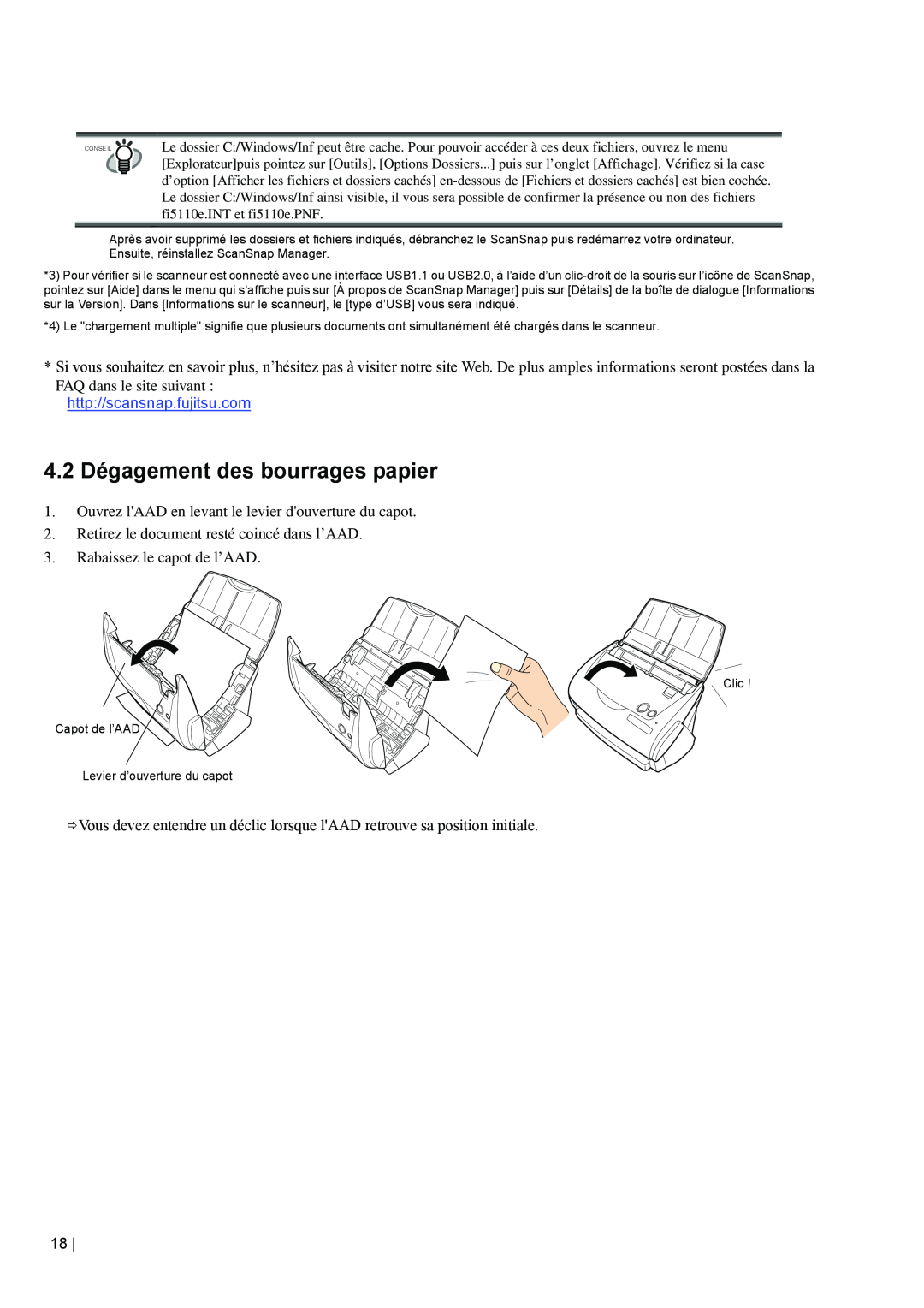Fujitsu fi-5110EOX2 manual 4.2 Dégagement des bourrages papier, FAQ dans le site suivant http//scansnap.fujitsu.com 