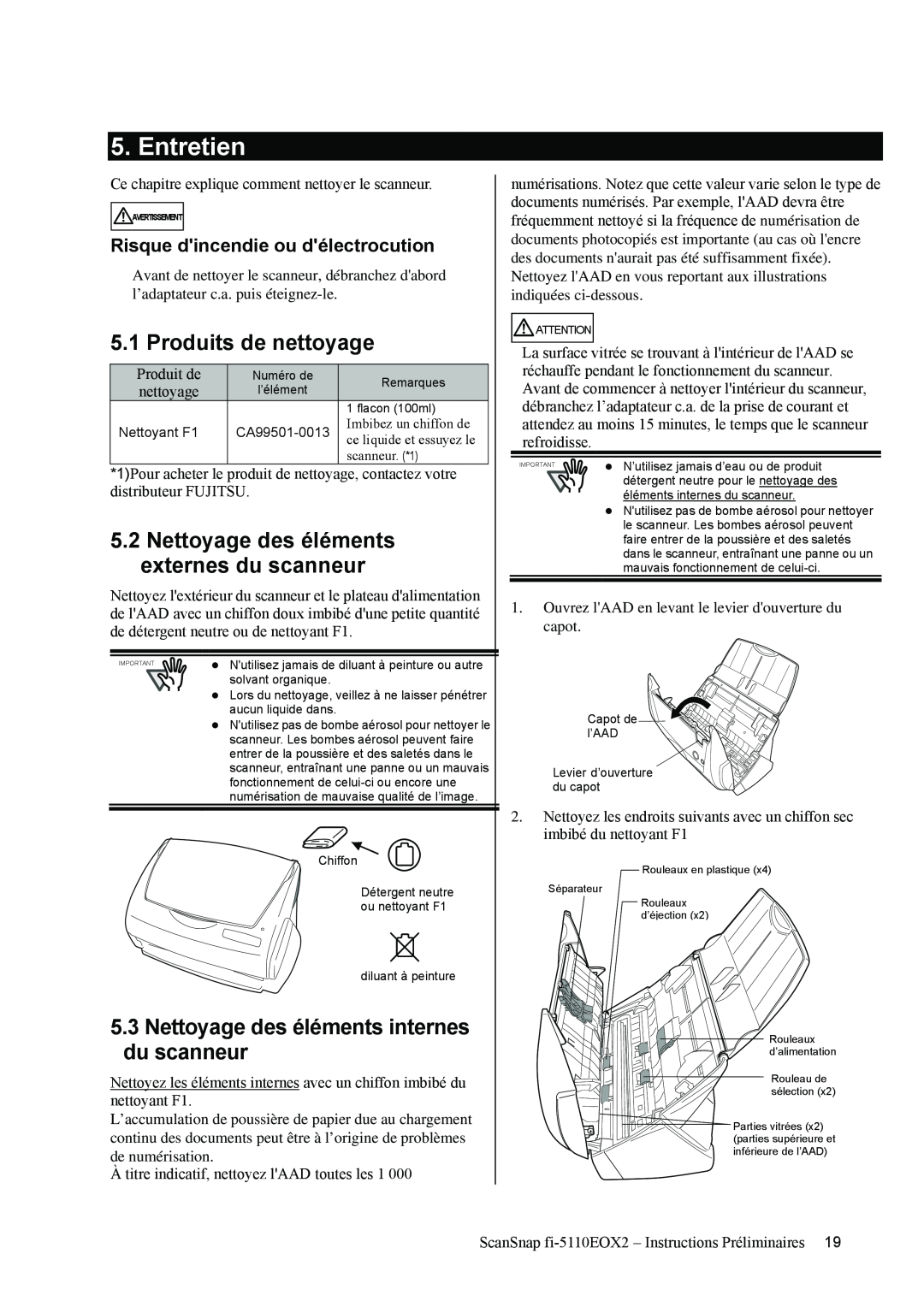 Fujitsu fi-5110EOX2 manual Entretien, Produits de nettoyage, Nettoyage des éléments internes du scanneur 