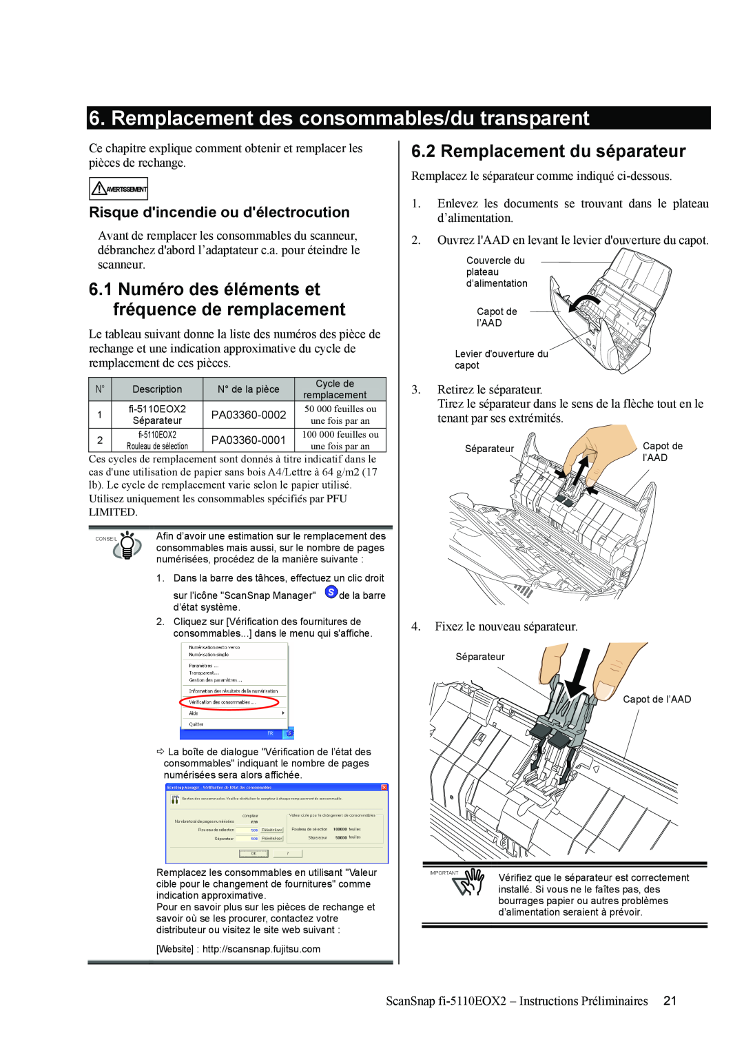 Fujitsu fi-5110EOX2 manual Remplacement des consommables/du transparent, Remplacement du séparateur 