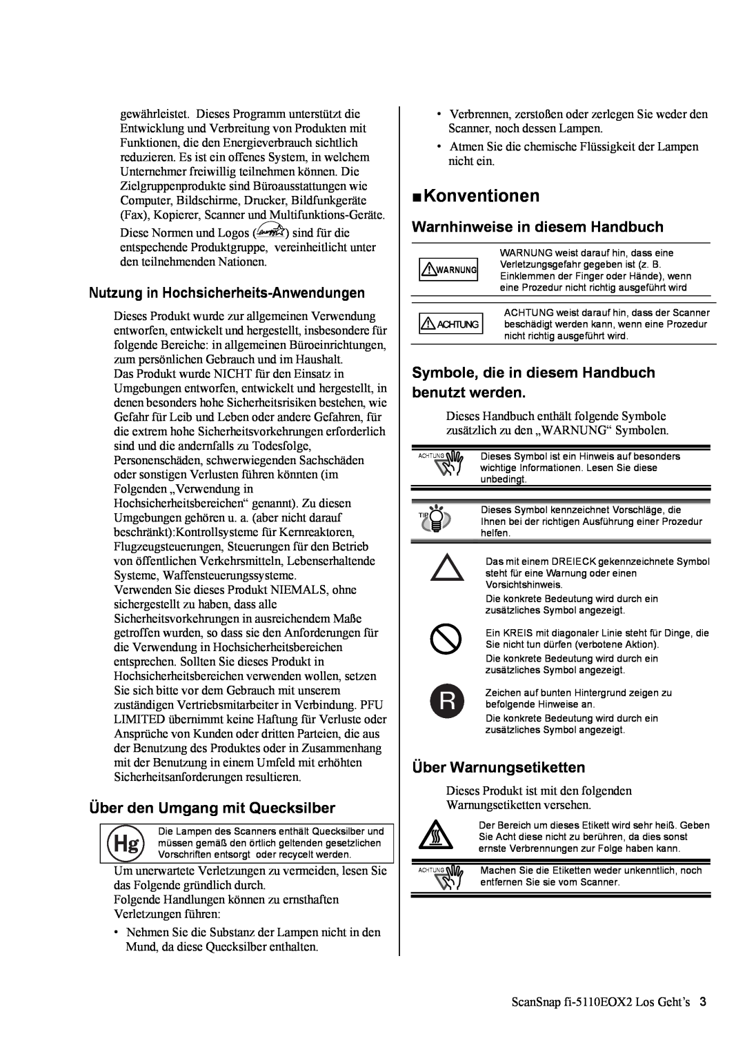 Fujitsu fi-5110EOX2 manual „ Konventionen, Nutzung in Hochsicherheits-Anwendungen, Über den Umgang mit Quecksilber 