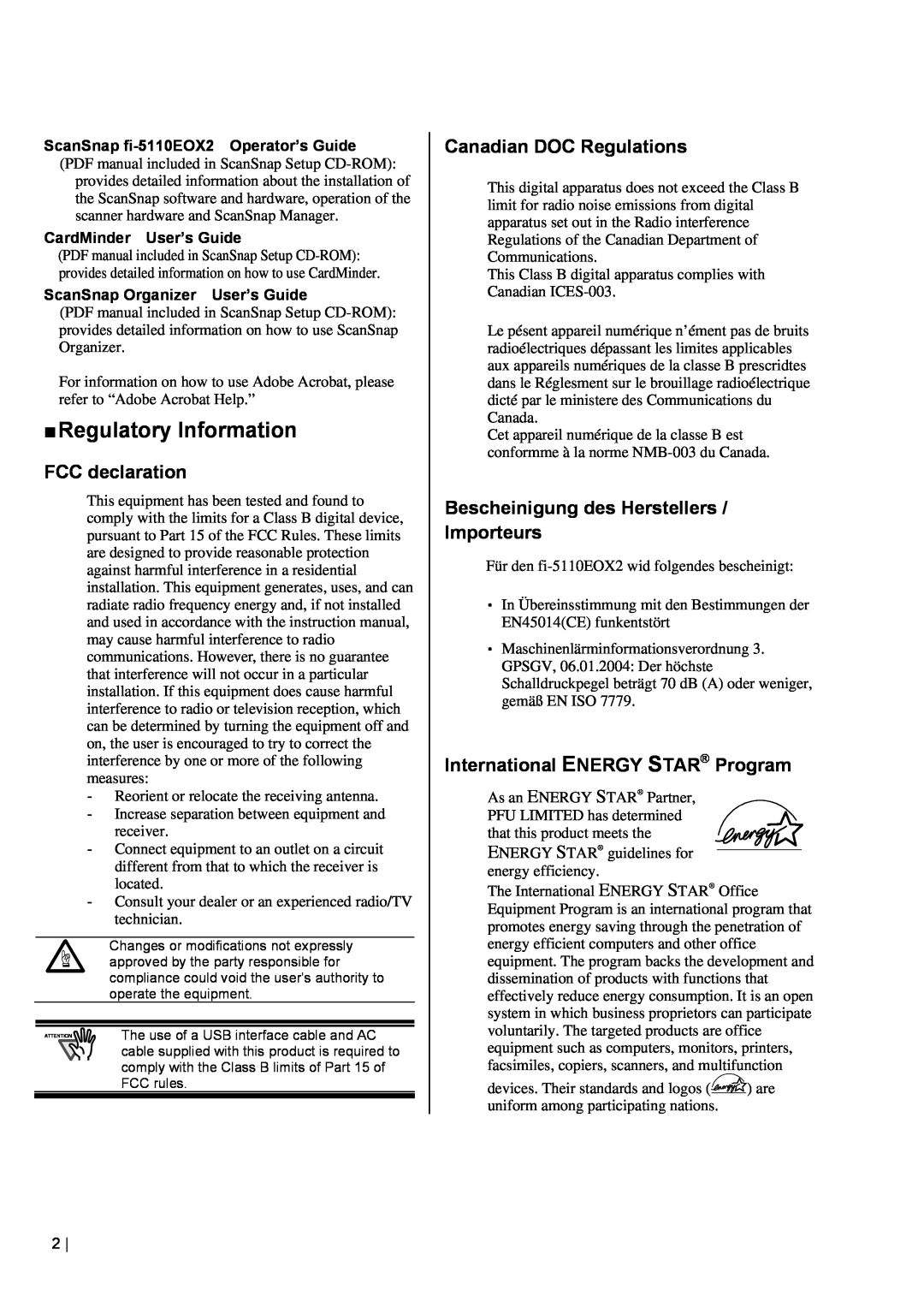 Fujitsu fi-5110EOX2 „ Regulatory Information, FCC declaration, Canadian DOC Regulations, International ENERGY STAR Program 