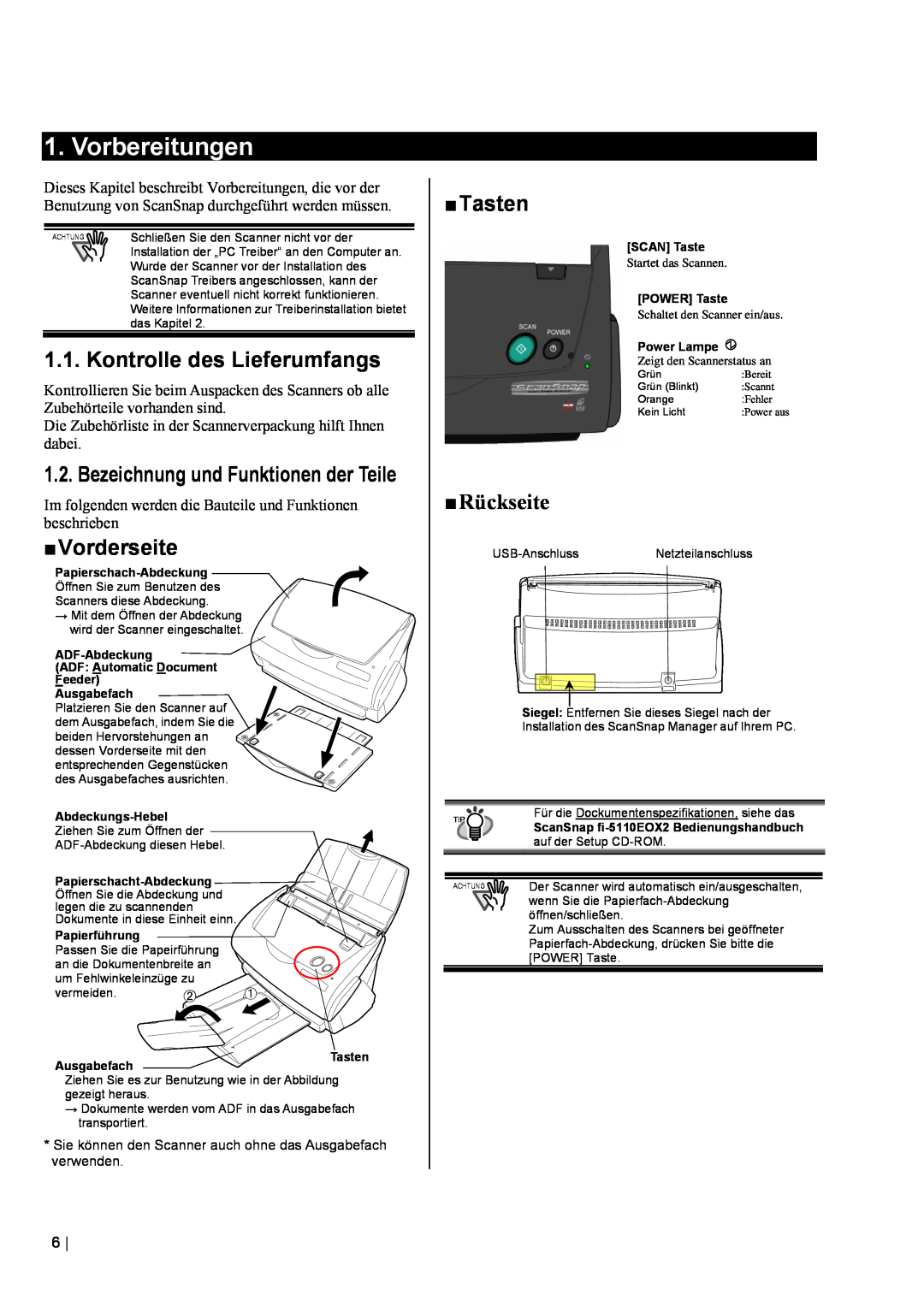 Fujitsu fi-5110EOX2 manual Vorbereitungen, Kontrolle des Lieferumfangs, „ Vorderseite, „ Tasten, „ Rückseite 
