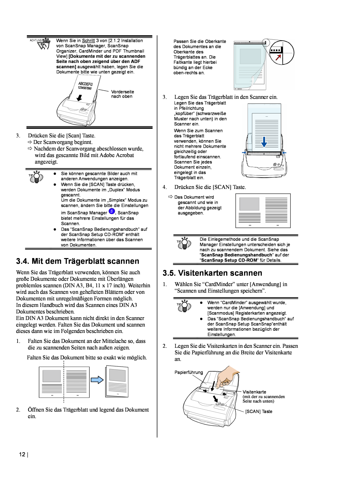 Fujitsu fi-5110EOX2 manual Mit dem Trägerblatt scannen, Visitenkarten scannen 
