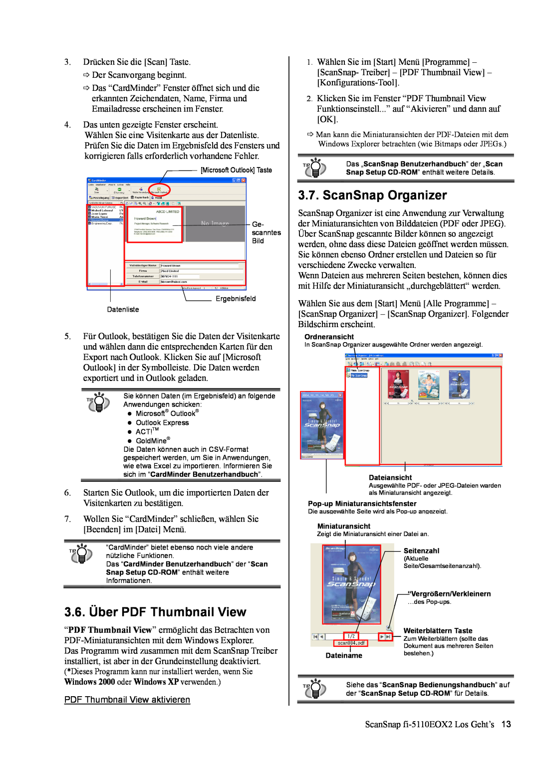 Fujitsu fi-5110EOX2 manual 3.6. Über PDF Thumbnail View, PDF Thumbnail View aktivieren, ScanSnap Organizer 