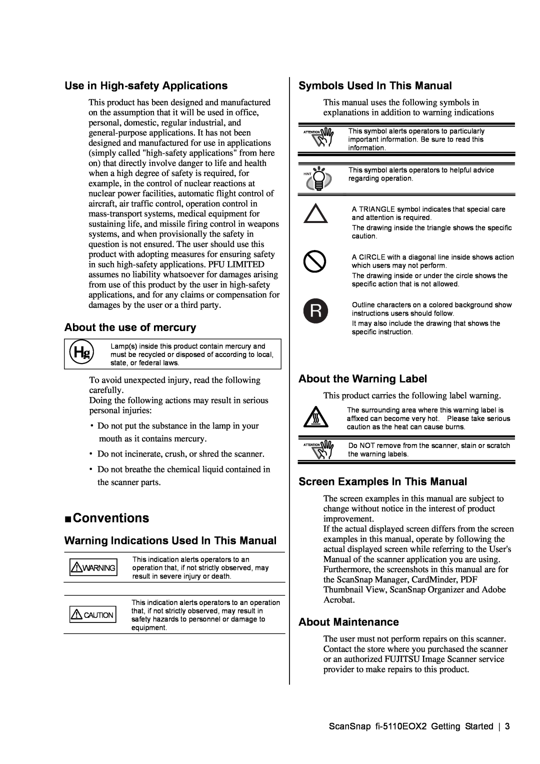 Fujitsu fi-5110EOX2 „ Conventions, Use in High-safety Applications, Symbols Used In This Manual, About the use of mercury 