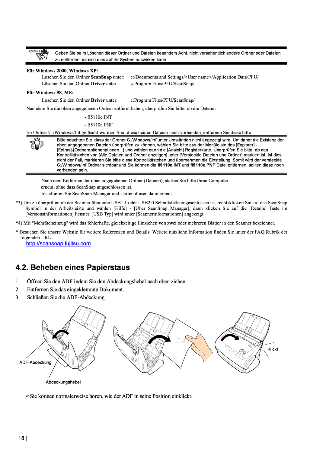 Fujitsu fi-5110EOX2 manual Beheben eines Papierstaus, http//scansnap.fujitsu.com, Entfernen Sie das eingeklemmte Dokument 