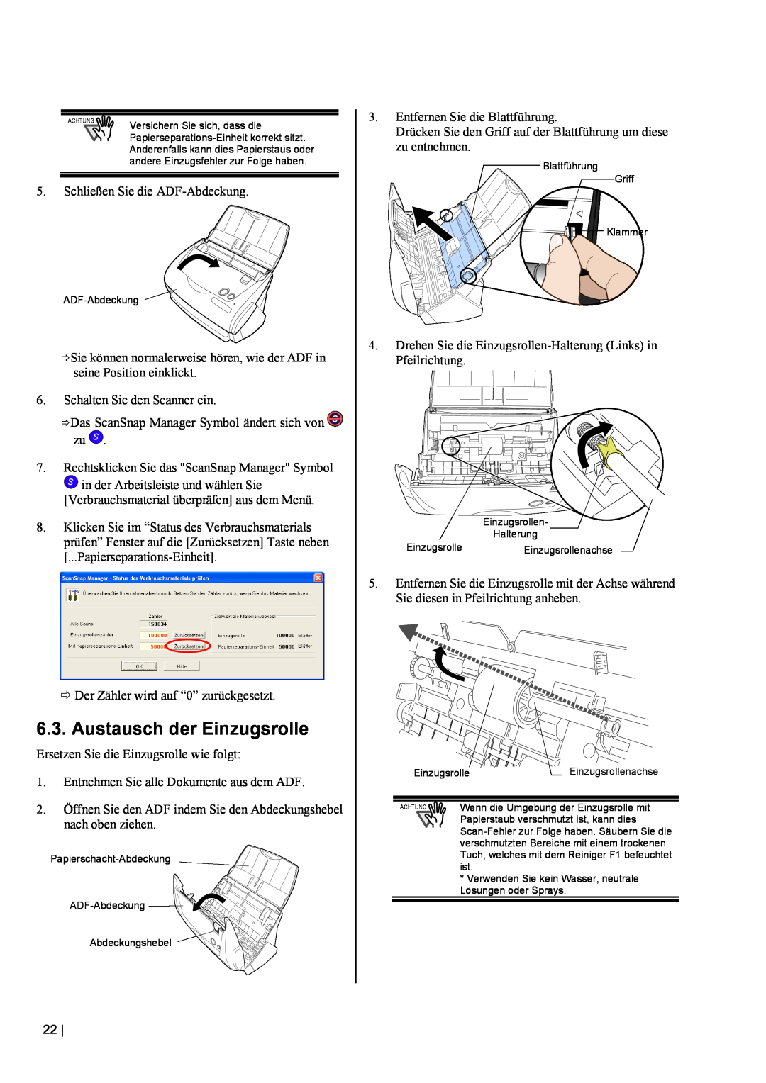 Fujitsu fi-5110EOX2 manual Austausch der Einzugsrolle, Anderenfalls kann dies Papierstaus oder 