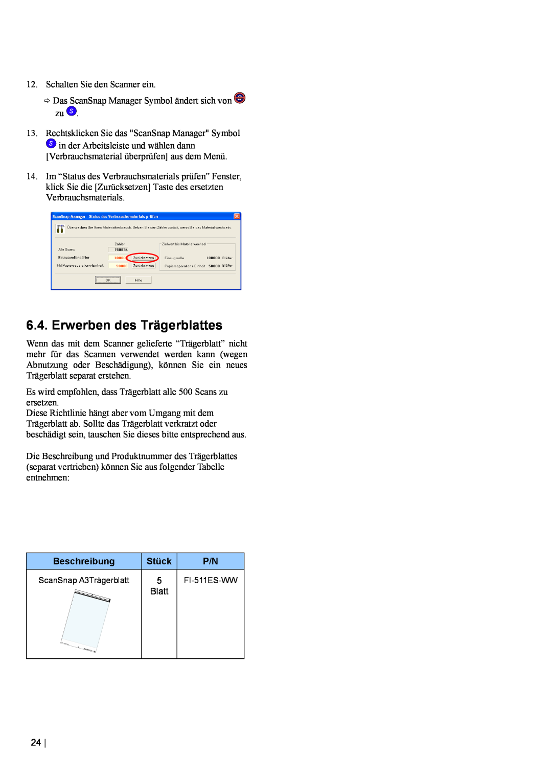Fujitsu fi-5110EOX2 manual Erwerben des Trägerblattes, Beschreibung, Stück 