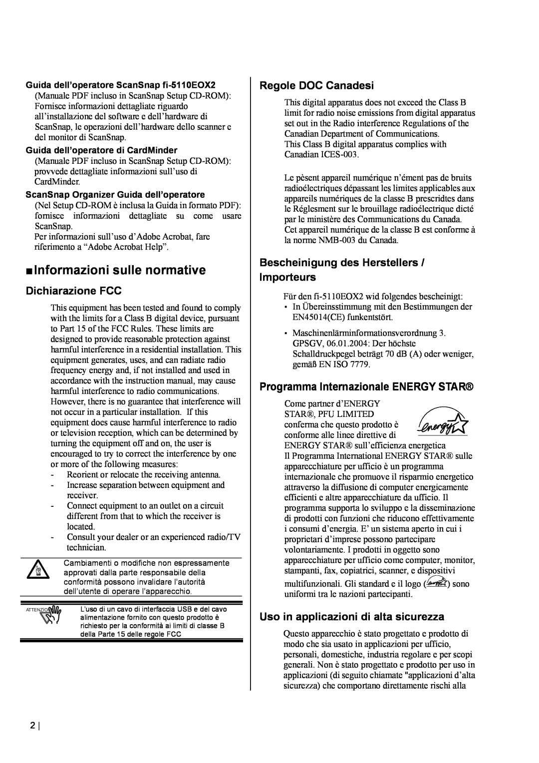 Fujitsu fi-5110EOX2 manual „ Informazioni sulle normative, Dichiarazione FCC, Regole DOC Canadesi 