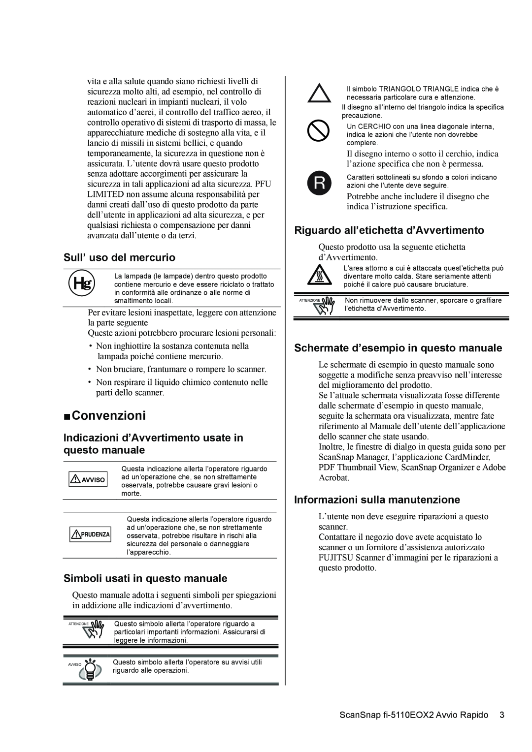 Fujitsu fi-5110EOX2 „ Convenzioni, Sull’ uso del mercurio, Indicazioni d’Avvertimento usate in questo manuale 