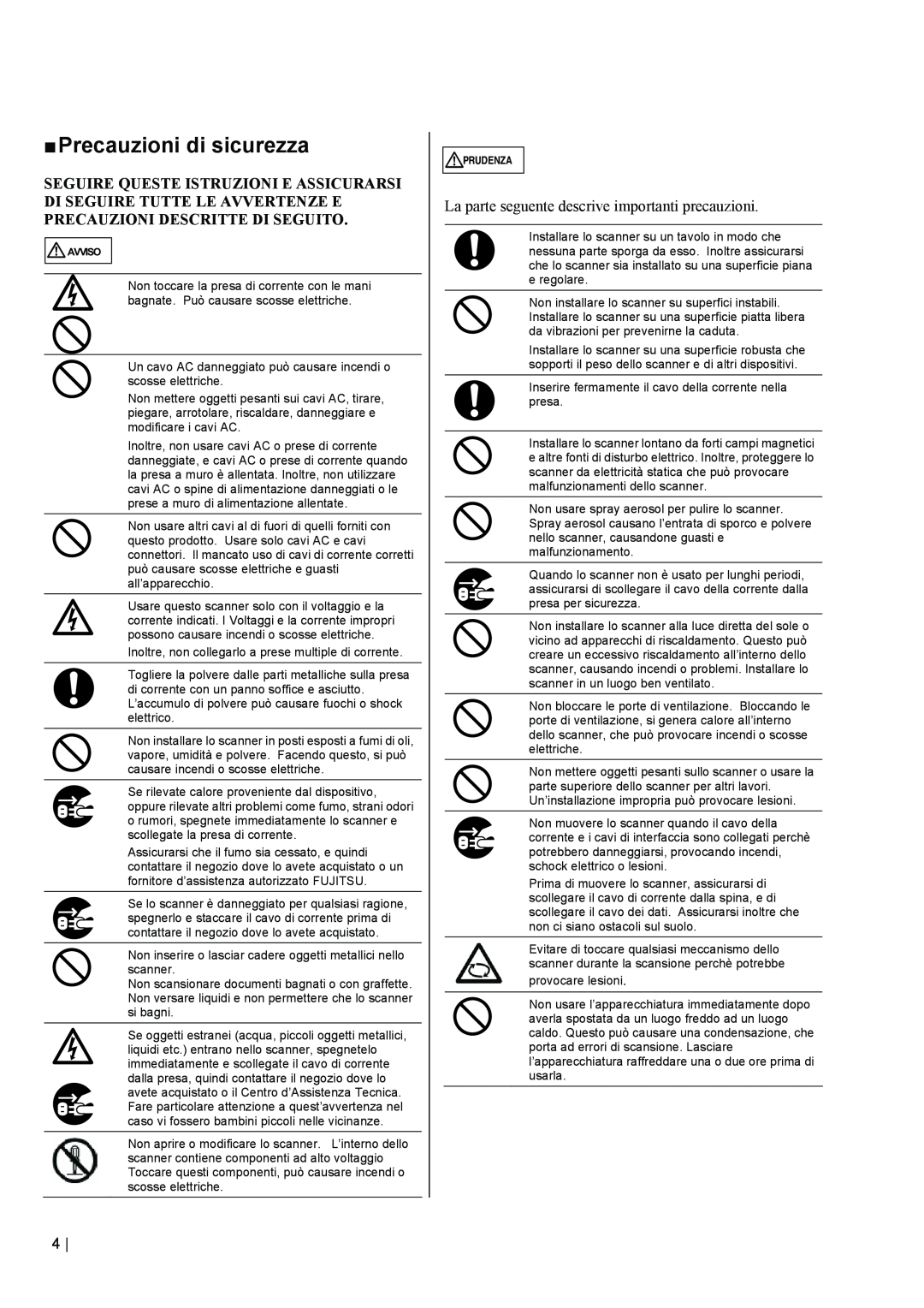Fujitsu fi-5110EOX2 manual „ Precauzioni di sicurezza, La parte seguente descrive importanti precauzioni 