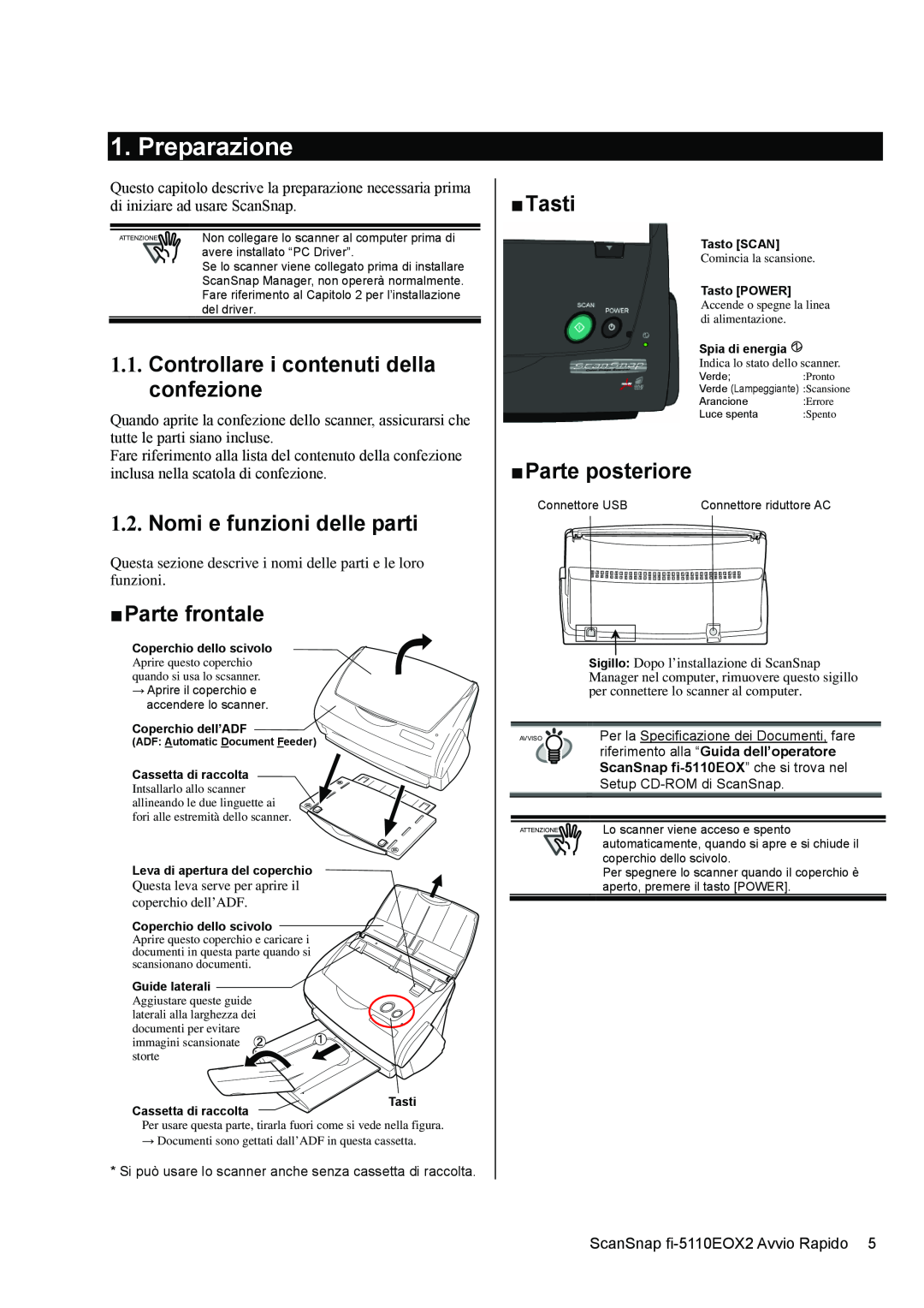 Fujitsu fi-5110EOX2 Preparazione, Controllare i contenuti della confezione, Nomi e funzioni delle parti, „ Parte frontale 