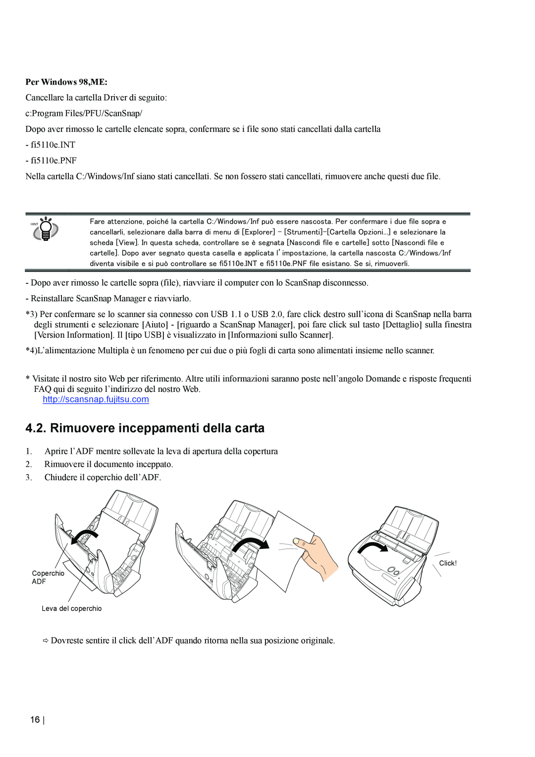 Fujitsu fi-5110EOX2 manual Rimuovere inceppamenti della carta, Per Windows 98,ME, http//scansnap.fujitsu.com 