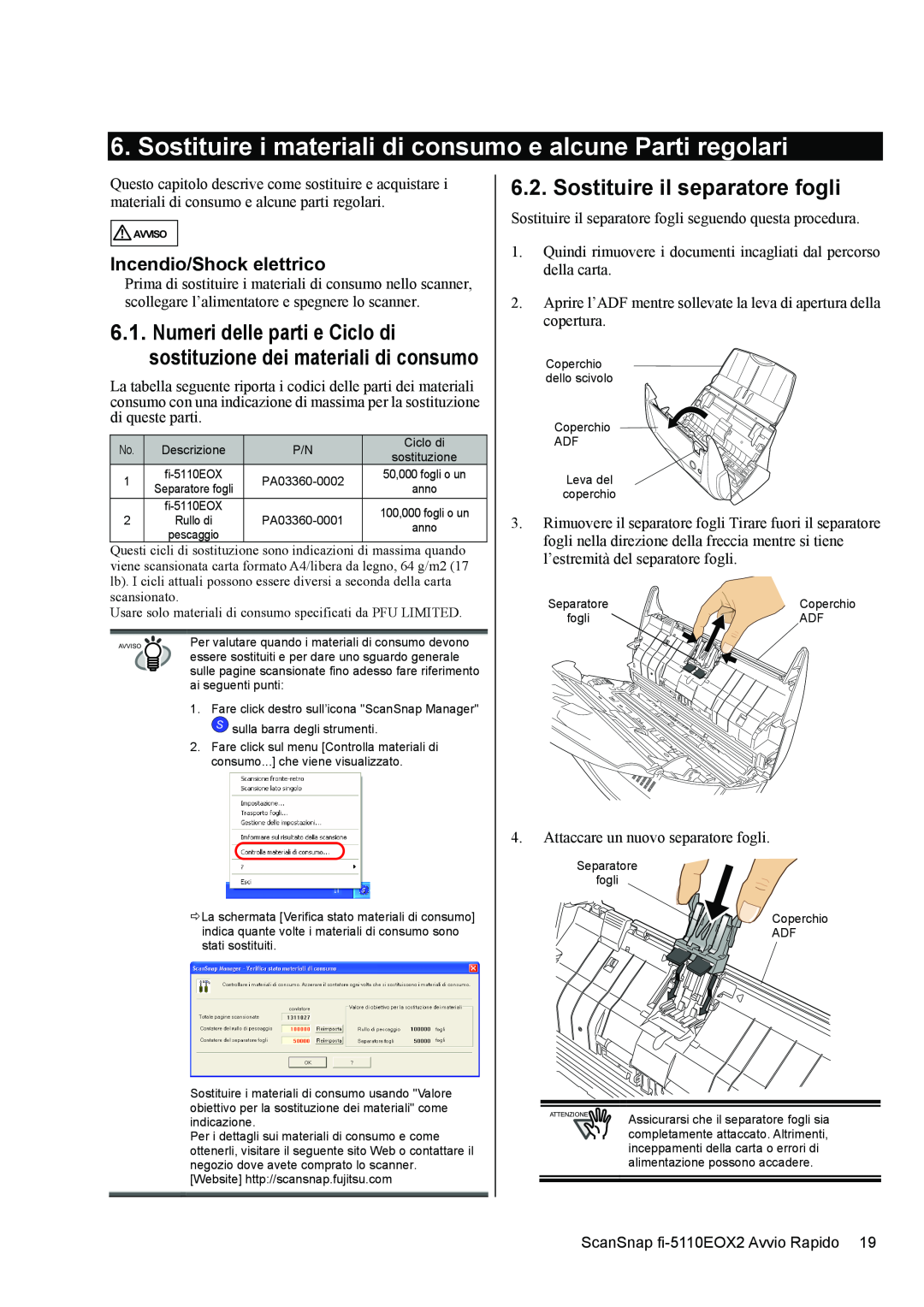 Fujitsu fi-5110EOX2 manual Sostituire i materiali di consumo e alcune Parti regolari, Sostituire il separatore fogli 