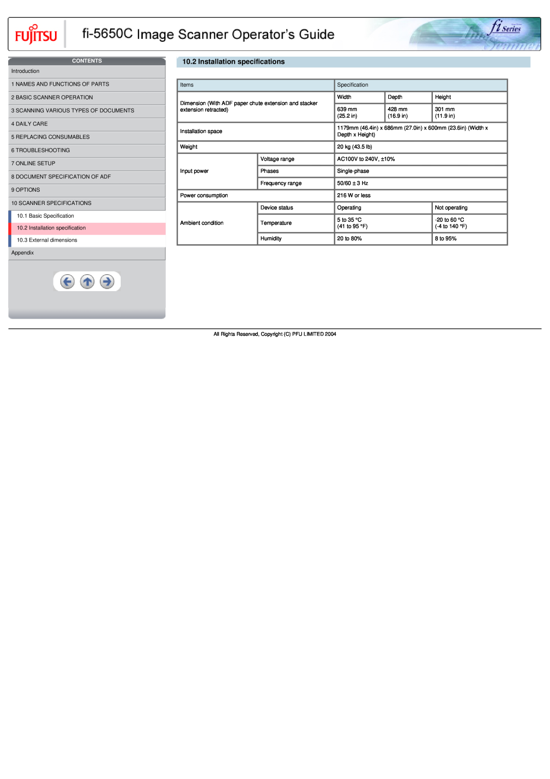 Fujitsu fi-5650C Installation specifications, Contents 