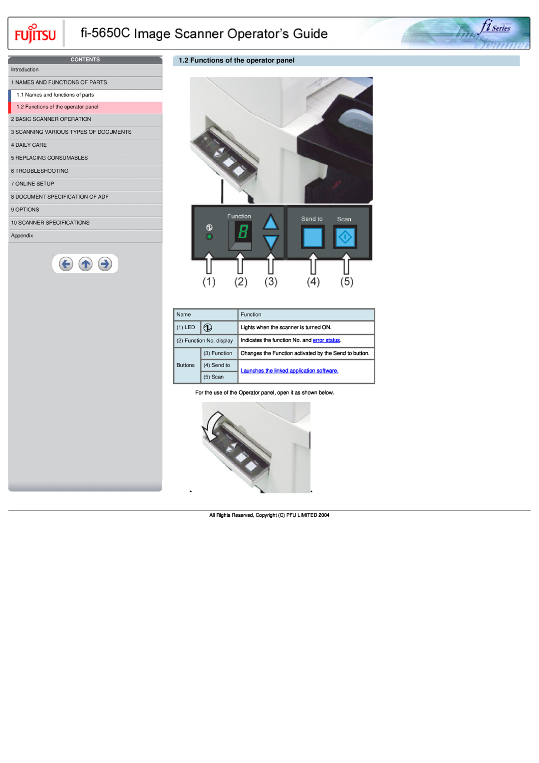Fujitsu fi-5650C specifications Functions of the operator panel, Contents, Launches the linked application software 
