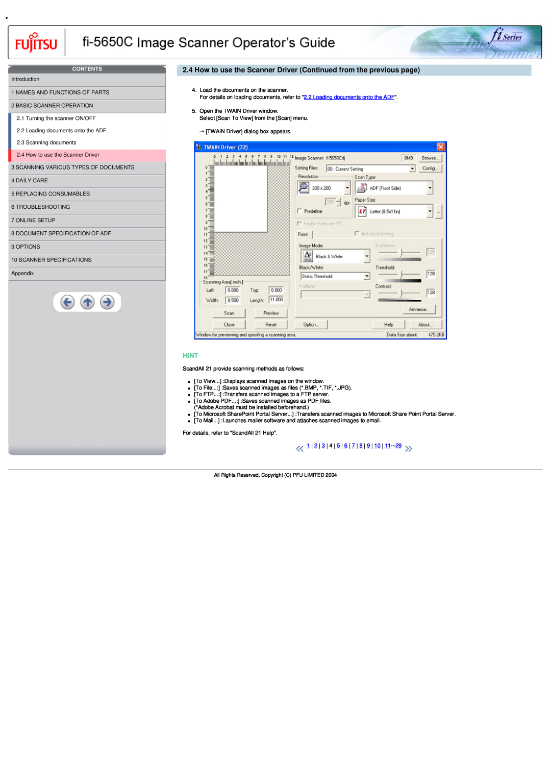 Fujitsu fi-5650C specifications How to use the Scanner Driver Continued from the previous page, Hint, Contents 