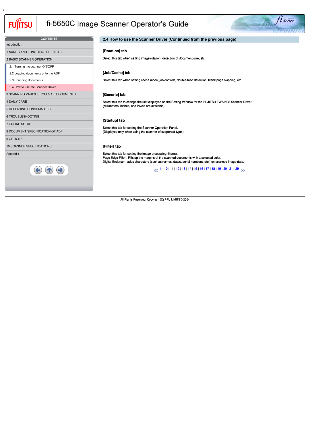Fujitsu fi-5650C specifications Rotation tab, Job/Cache tab, Generic tab, Startup tab, Filter tab, Contents 