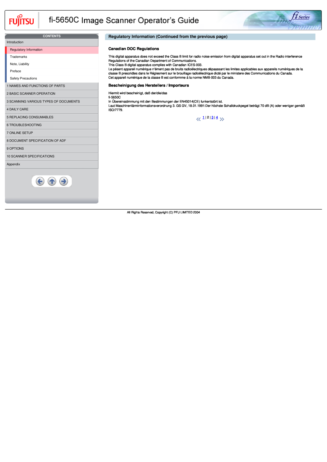Fujitsu fi-5650C specifications Regulatory Information Continued from the previous page, Canadian DOC Regulations, Contents 