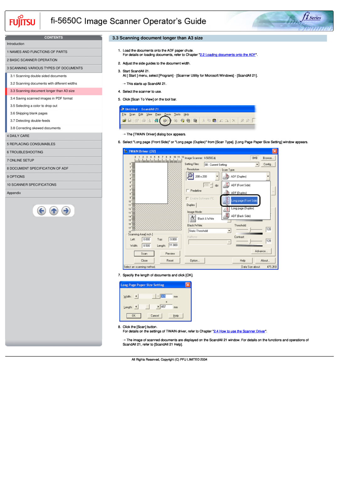 Fujitsu fi-5650C specifications Scanning document longer than A3 size, Contents 