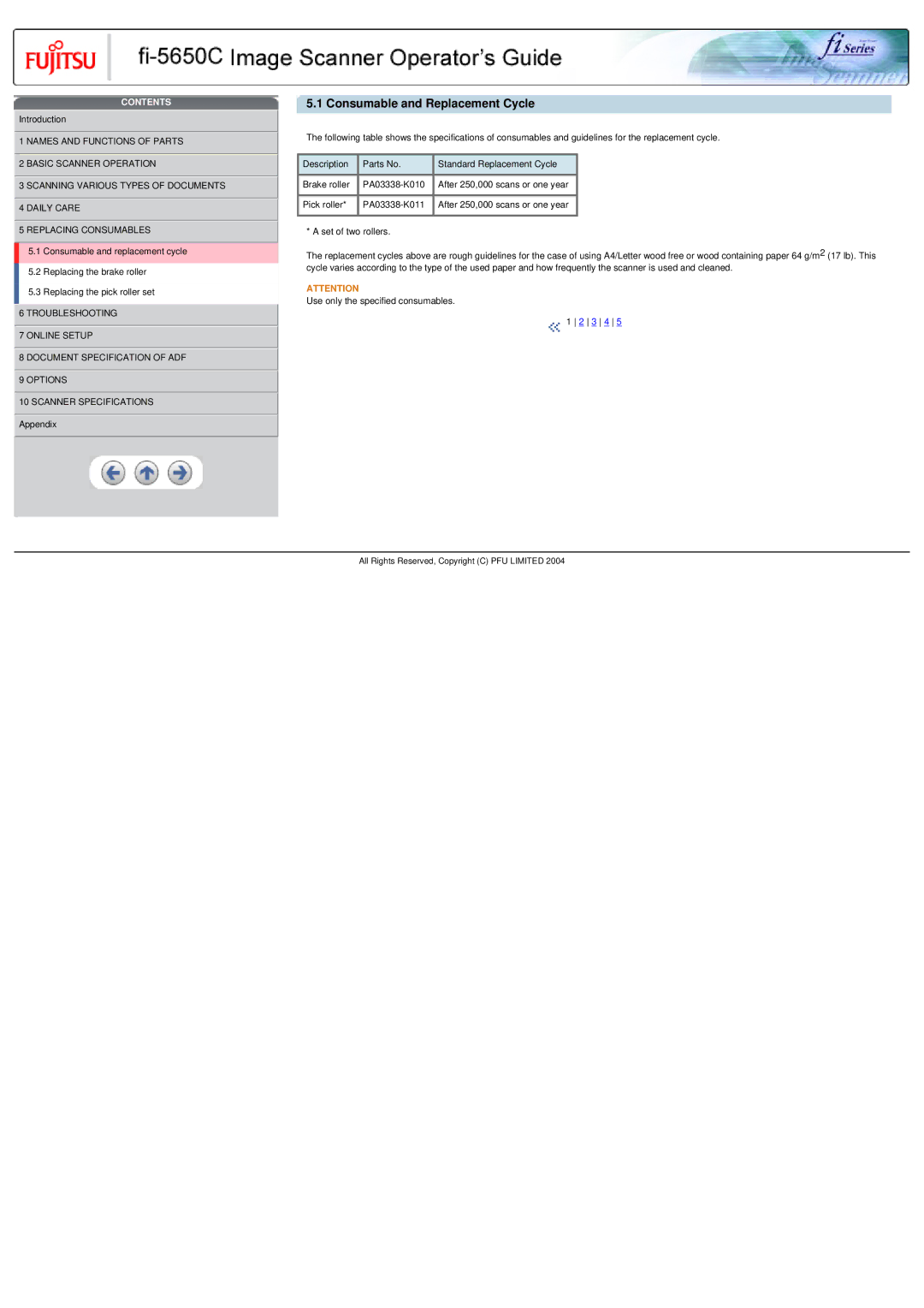 Fujitsu fi-5650C specifications Consumable and Replacement Cycle 