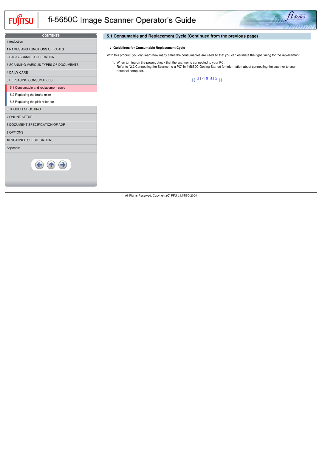 Fujitsu fi-5650C Consumable and Replacement Cycle from the previous, Guidelines for Consumable Replacement Cycle 