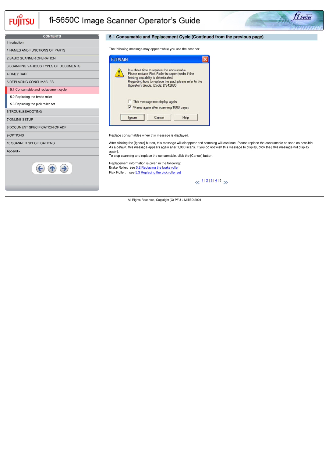 Fujitsu fi-5650C specifications Consumable and Replacement Cycle from the previous 