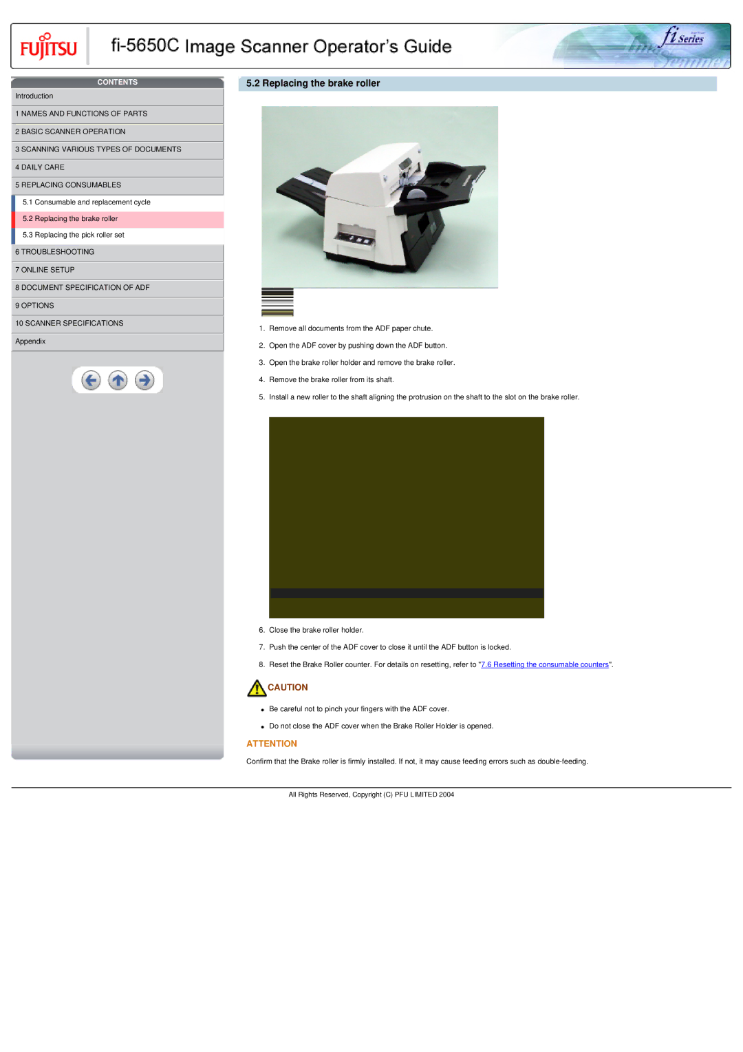 Fujitsu fi-5650C specifications Replacing the brake roller 