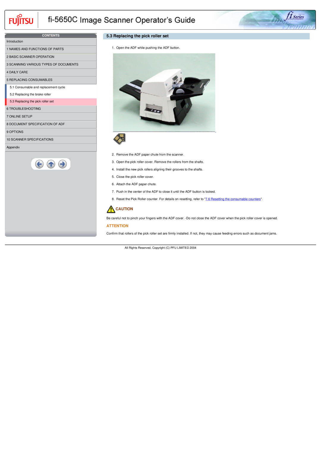 Fujitsu fi-5650C specifications Replacing the pick roller set 