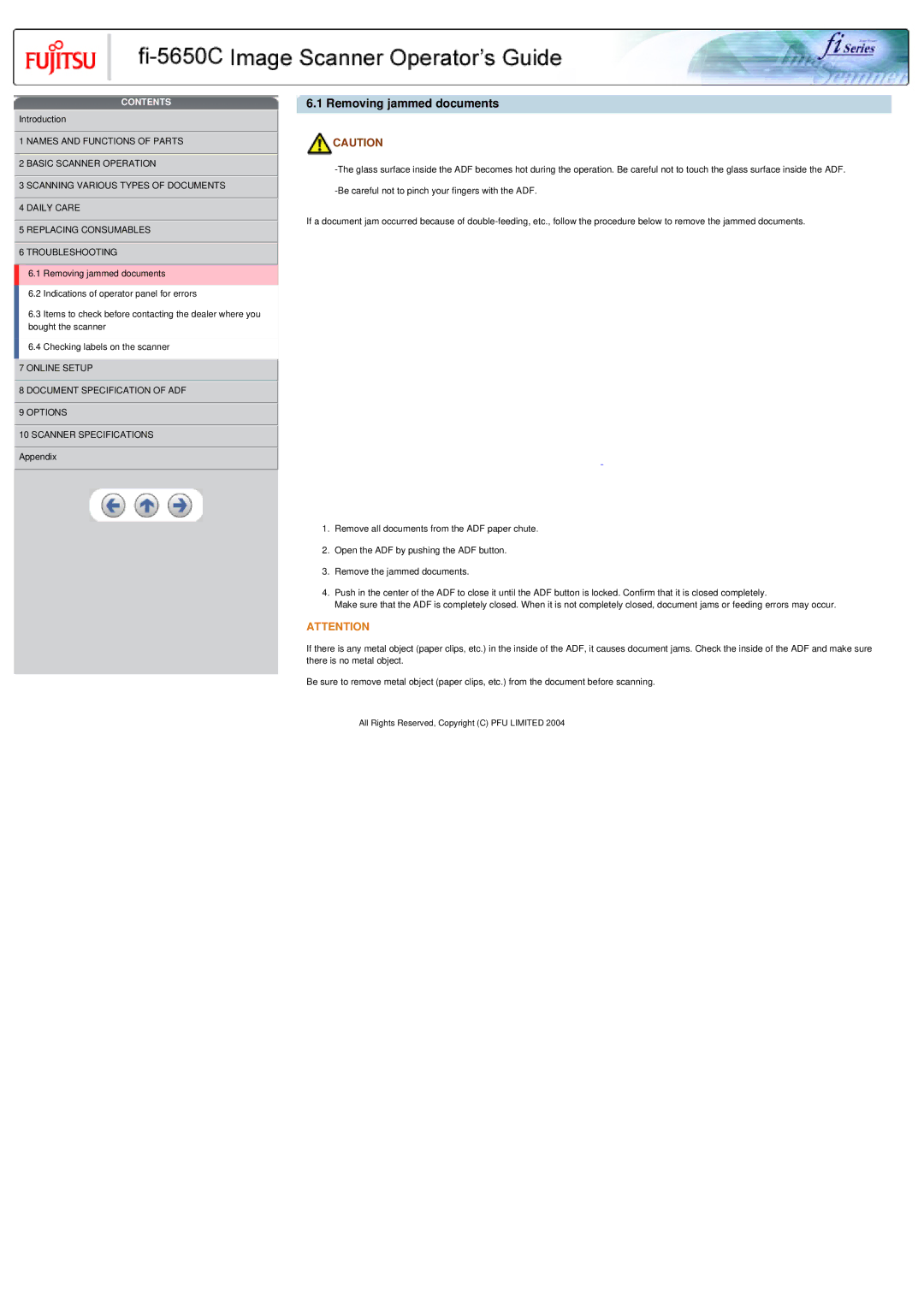 Fujitsu fi-5650C specifications Removing jammed documents 