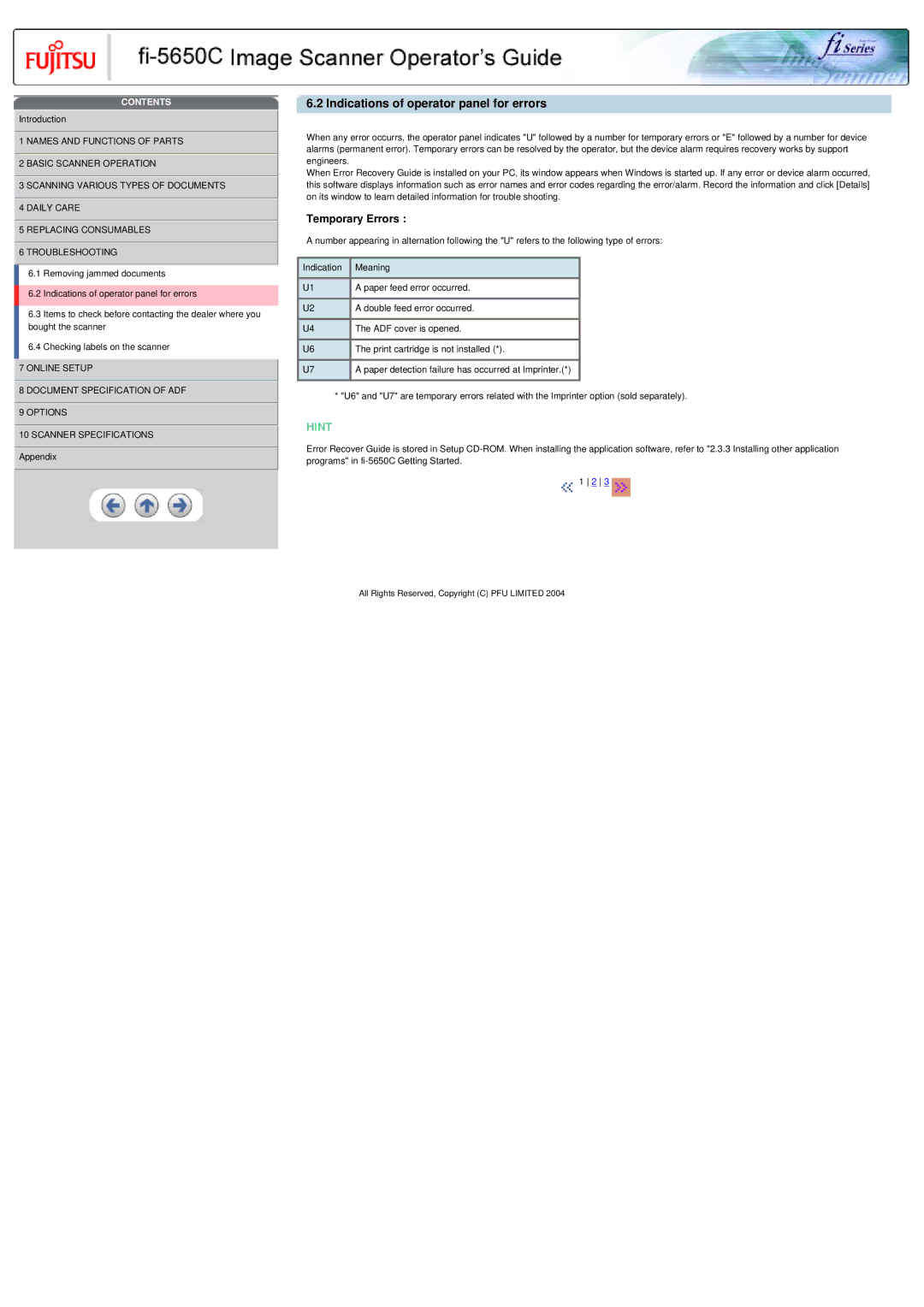 Fujitsu fi-5650C specifications Indications of operator panel for errors, Temporary Errors 