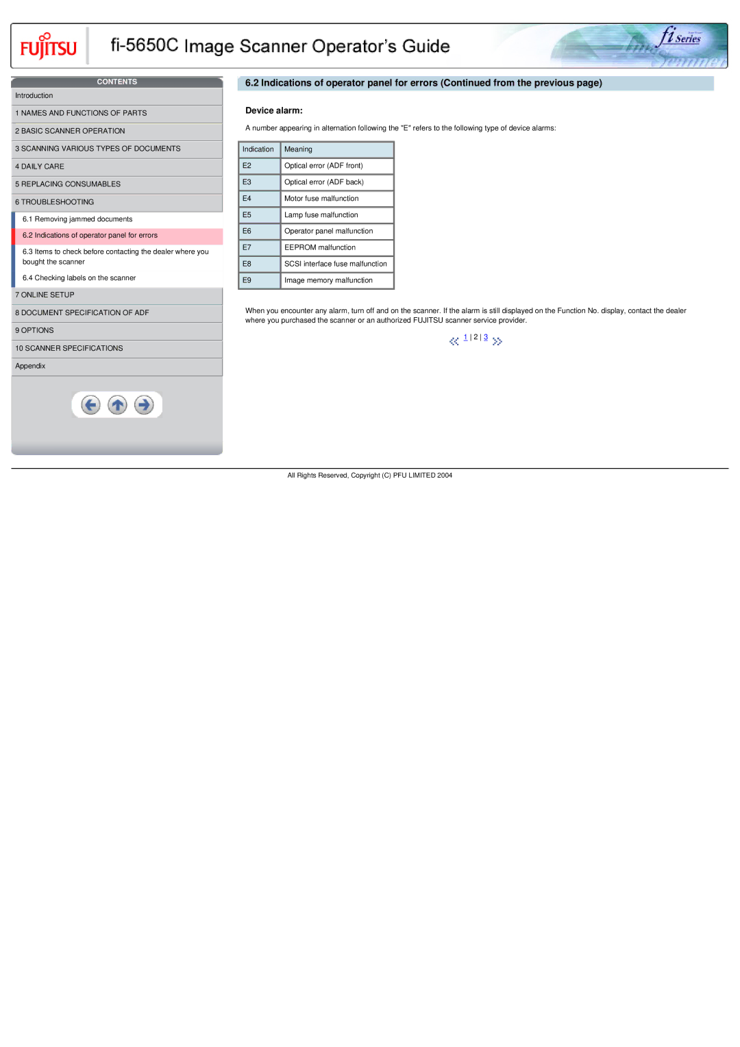 Fujitsu fi-5650C specifications Indications of operator panel for errors from the previous, Device alarm 