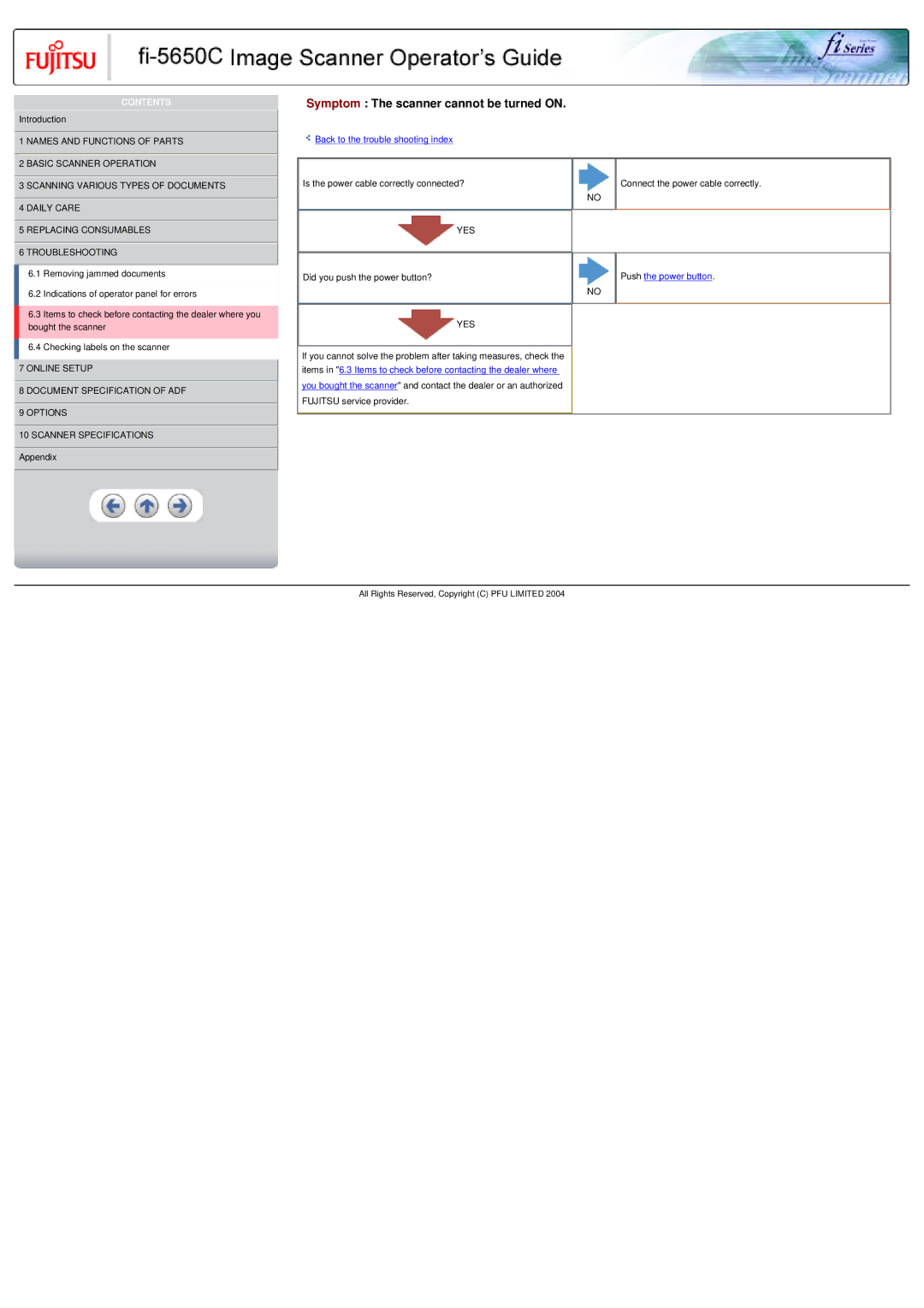 Fujitsu fi-5650C specifications Symptom The scanner cannot be turned on 