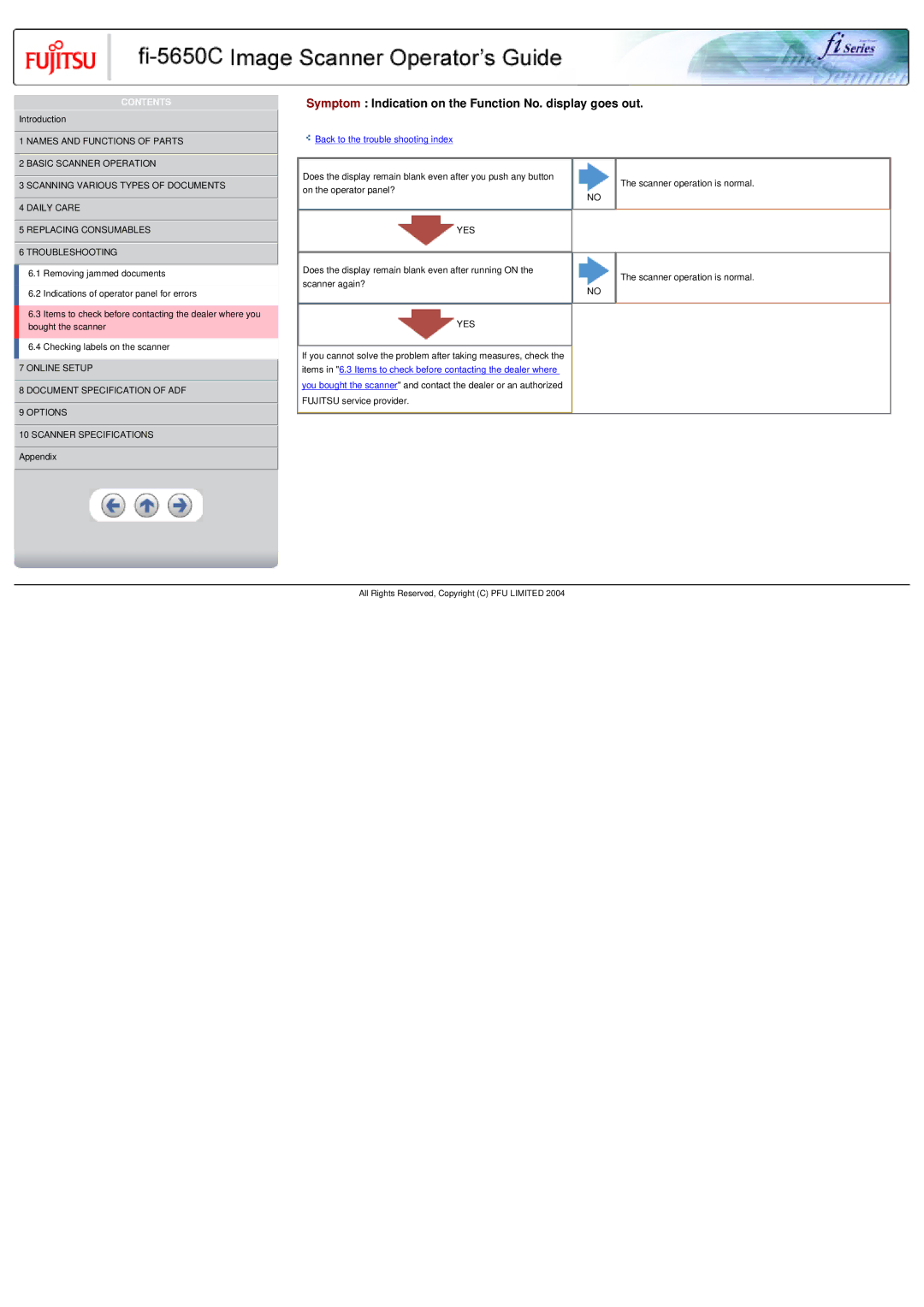 Fujitsu fi-5650C specifications Symptom Indication on the Function No. display goes out 