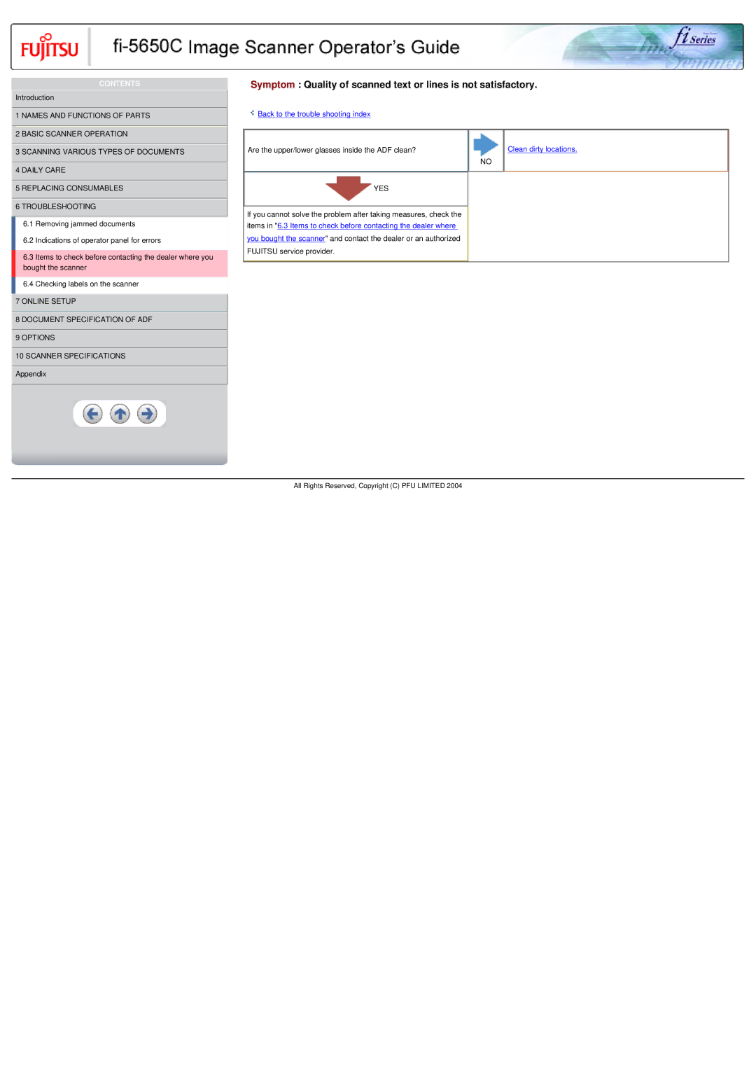 Fujitsu fi-5650C specifications Symptom Quality of scanned text or lines is not satisfactory 