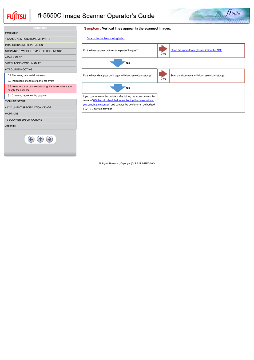 Fujitsu fi-5650C specifications Symptom Vertical lines appear in the scanned images 