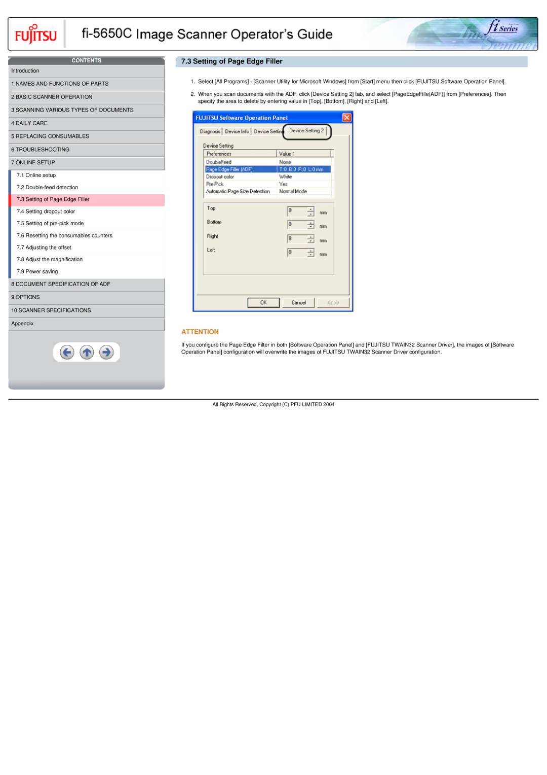 Fujitsu fi-5650C specifications Setting of Page Edge Filler 