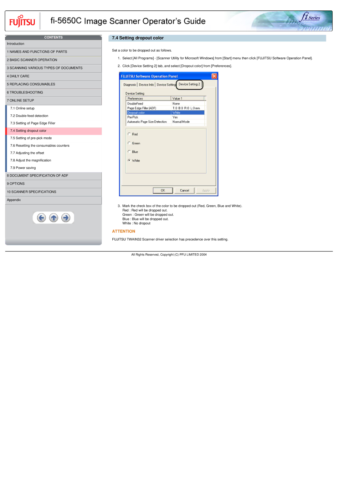 Fujitsu fi-5650C specifications Setting dropout color 