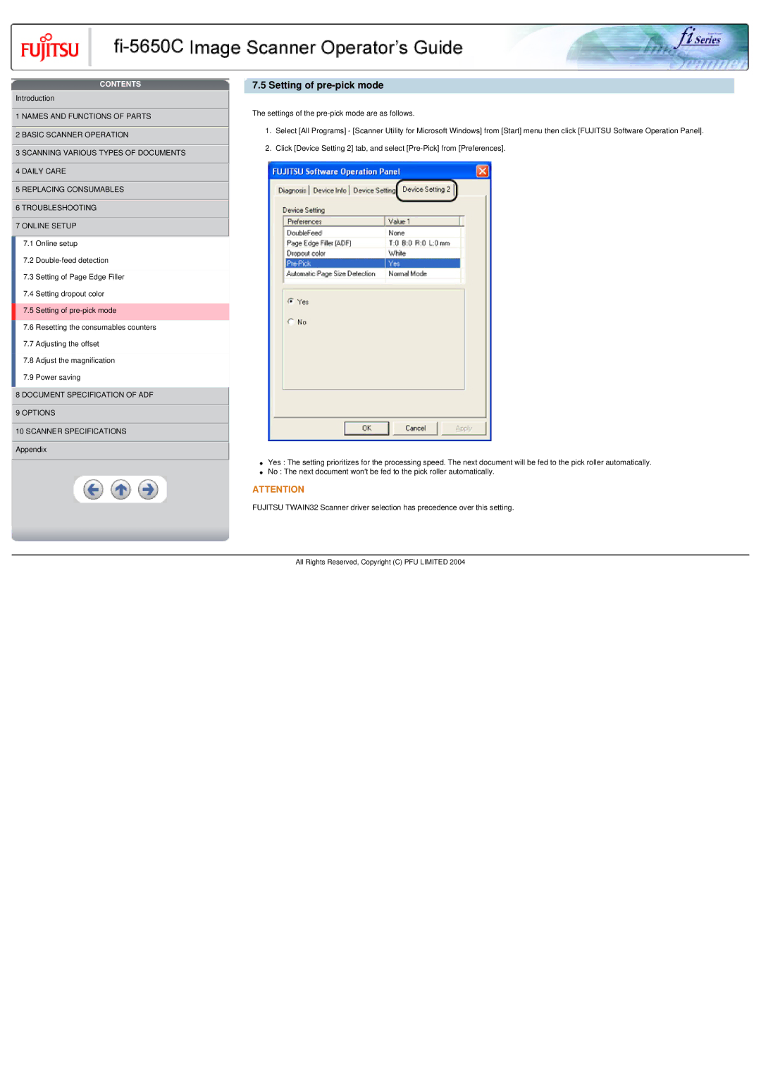 Fujitsu fi-5650C specifications Setting of pre-pick mode 